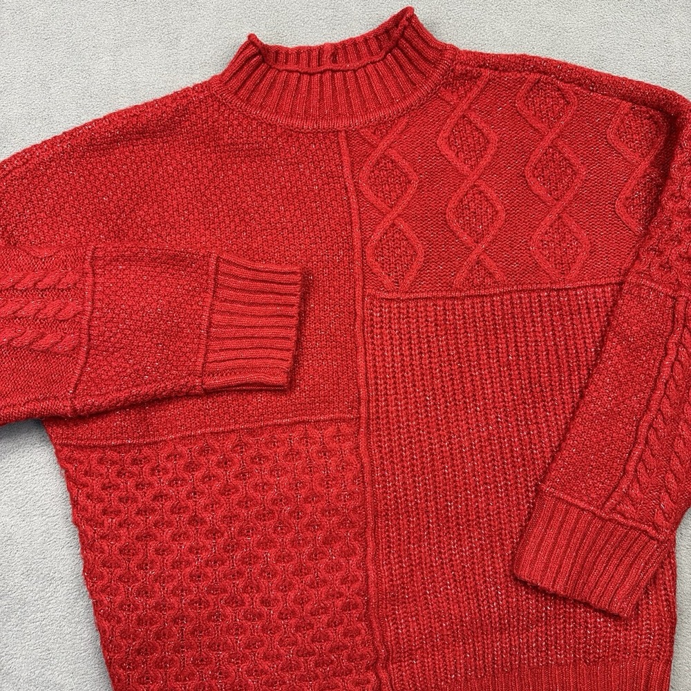 American Eagle Chunky Sweater Women's M Red Mock Turtle Neck Mixed Stitch Cable
